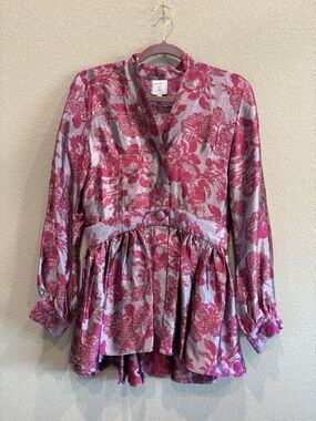 NOBLE 31 Designer 100% Silk Pink Floral Peplum Jacket Top Women’s Small